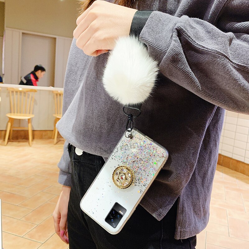 Handphone caso para vivo v21e macio tpu luxo strass anel titular hariball com alça
