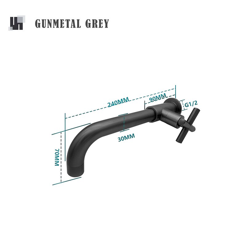 Brass Concealed Wall Mount Single Cold Water Tap Basin Faucet Brushed Gold Black Chrome Grey Basin Long Spout Lavatory Bibcock: Gunmetal Grey