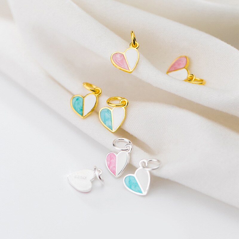 925 Sterling Silver Romantic Craftwork Pink&Blue Heart Charms Decoration Small Choker Bracelets Silver Pendants DIY Jewelry Make