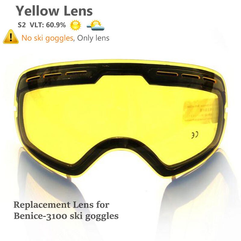 Benice double Layers UV anti-fog lens Men ski goggles big spherical skiing snowboarding snow glasses Eyewear 3100 Set case: Yellow Lens Only