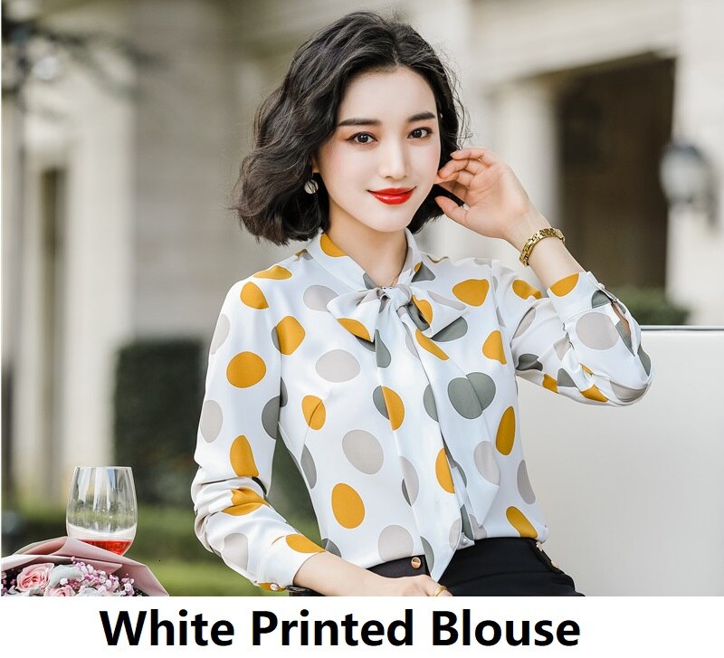 Gedrukt Lange Mouwen Blouses voor Vrouwen Kantoor Werkkleding Lente Herfst Shirts Blouse Blusas Tops Kleding met Vlinderdas: White Printed / S