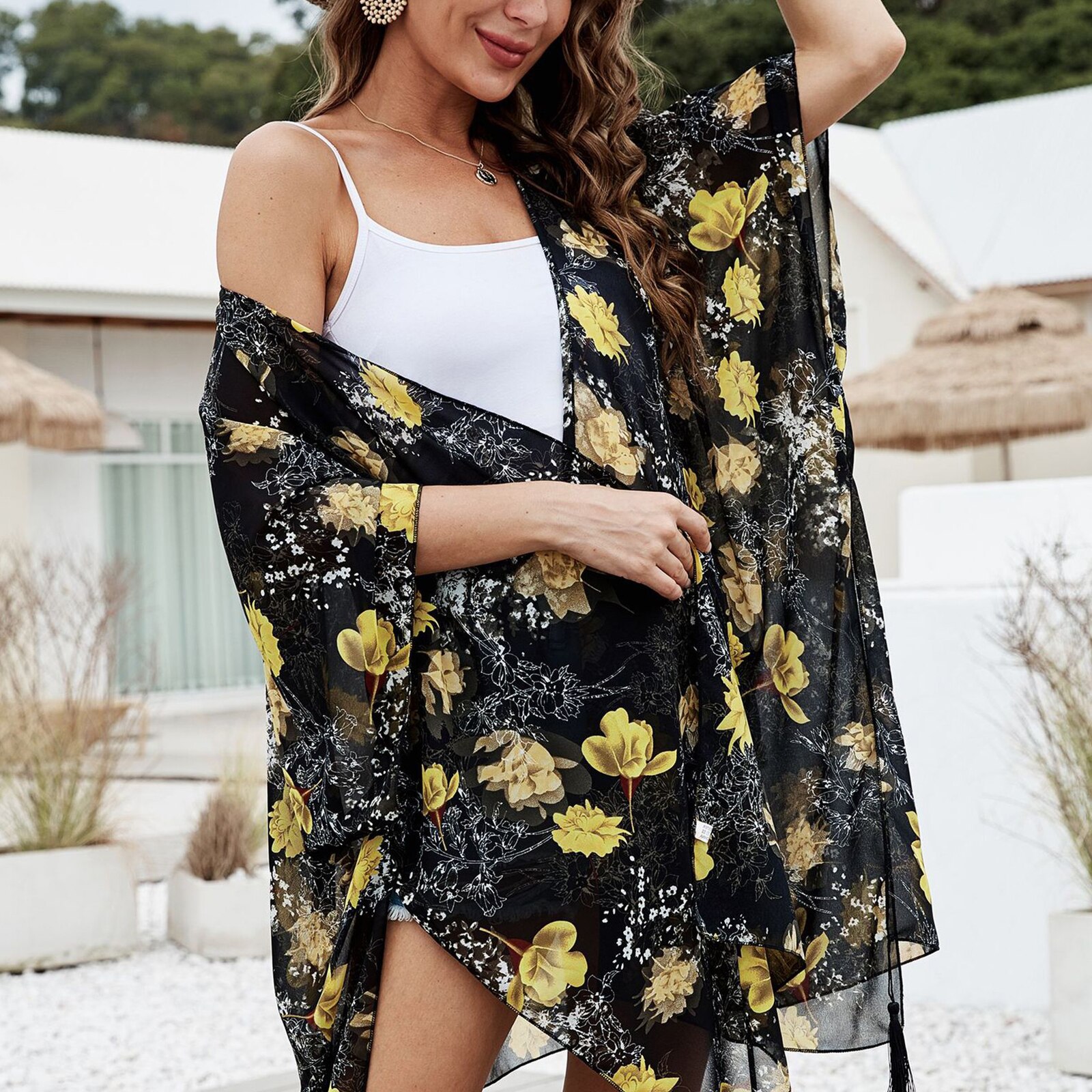 Kimono de gasa para mujer, cárdigan, Top, capa de playa, Bikini, cubierta