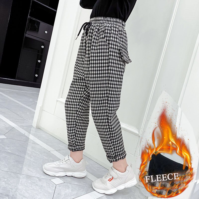Tenåringsjenter bukser vinter rutete bukser fleece tykk casual retro barn harem bukser skolebarn bukser 8 10 12 år: Svart / 8