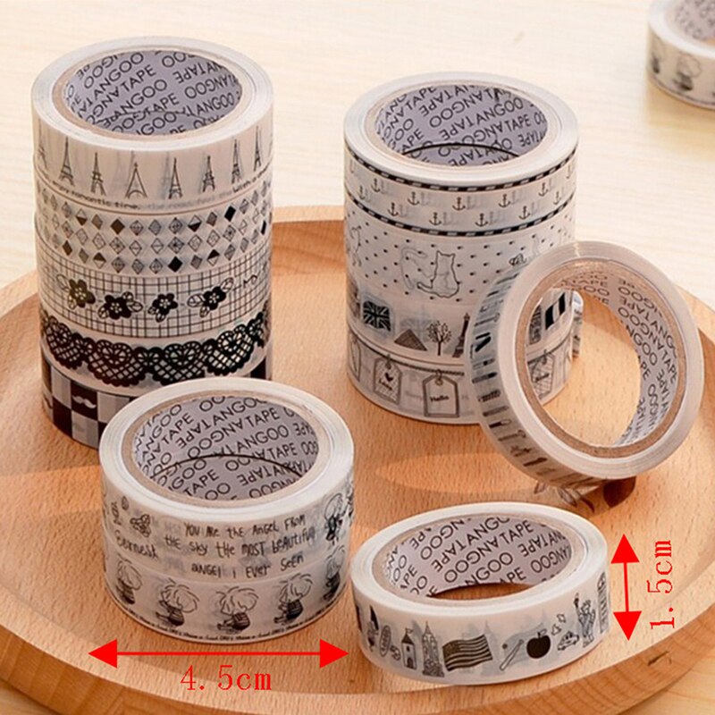2pcs/set DIY Adhesive Tape Decorative Masking Tape 15mm*10m Scrapbooking Cartoon Adhesive Tape School Supplies Black and white