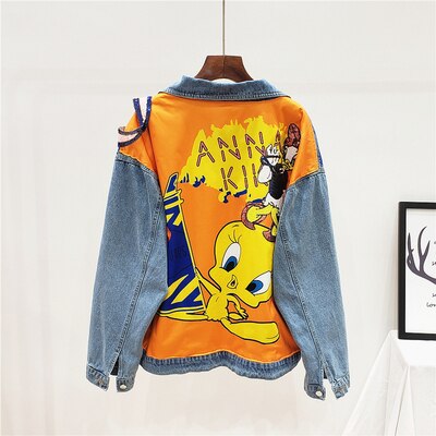 Chaqueta vaquera con estampado de dibujos animados para mujer, chaqueta vaquera con lentejuelas para mujer, ropa de calle, abrigo vaquero de manga larga, prendas de vestir holgadas, novedad de Otoño de: Default Title