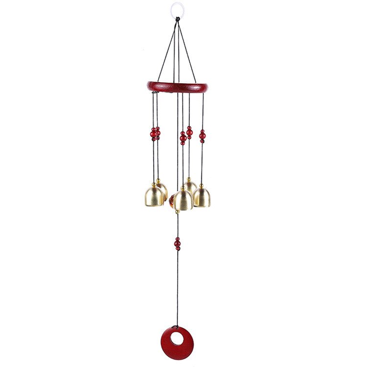 1pc massivt trä vind chimes mahogny rund platta 5 koppar klockor trä ornament dörr hängande innergård balkong hängande: Default Title