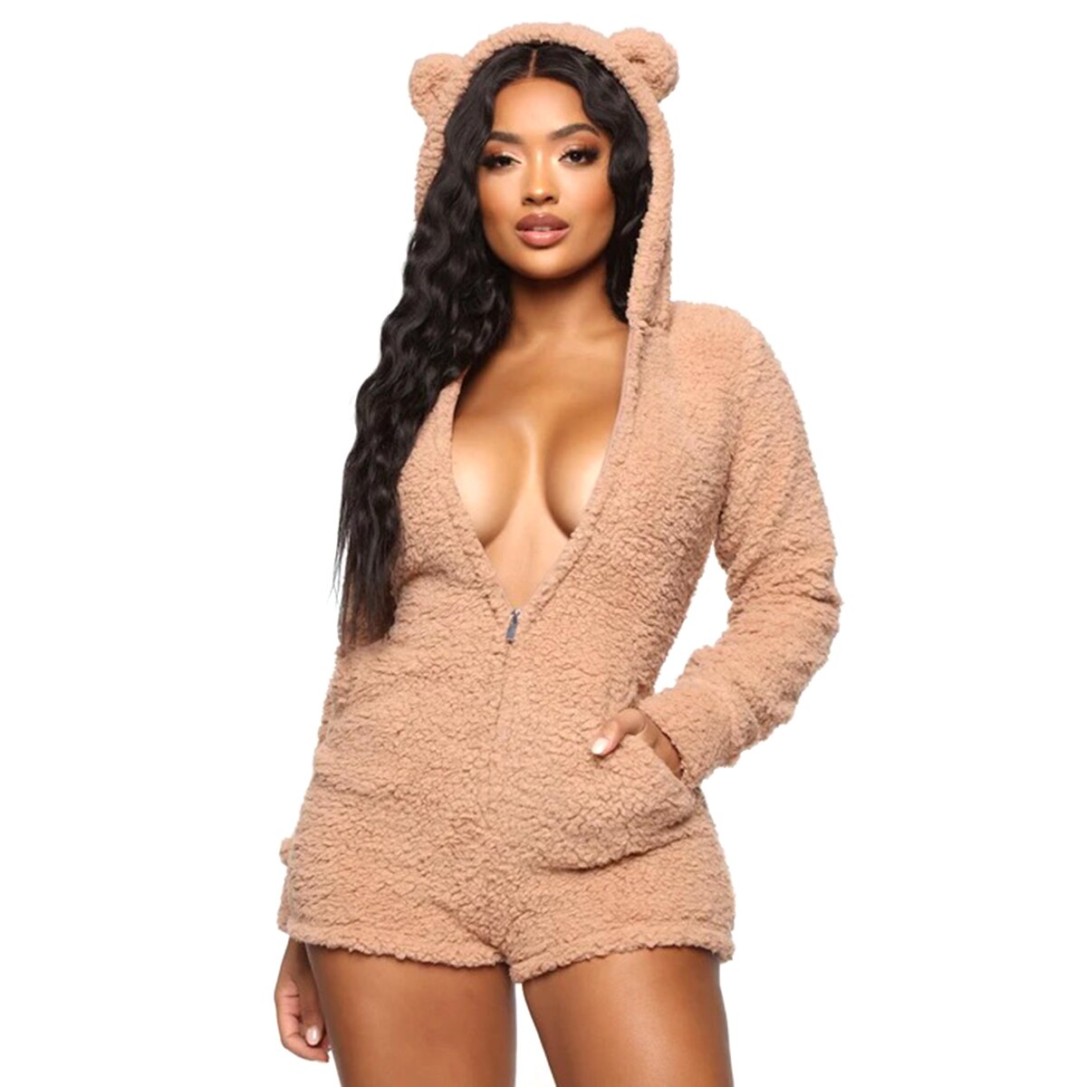 Women Cartoon Bear Sleepwear Solid Color Long Sleeve Side Pockets Warm Fuzzy Hooded Romper Short Jumpsuit Ladies Casual Homewear