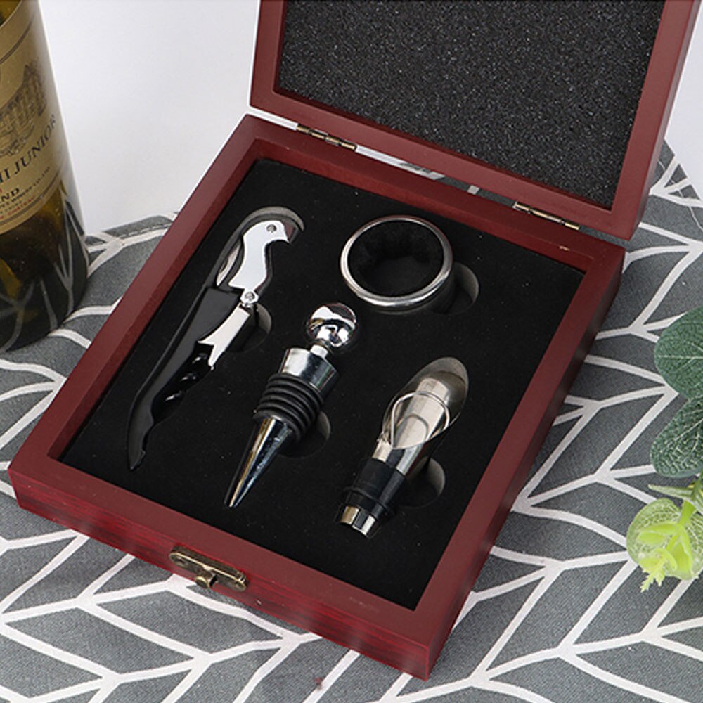 4PCS Wine Corkscrew Set With Wooden Box Opener Stopper Pour Spout Opener Set Drip Ring Wine Tools Wine Corkscrew Set: A