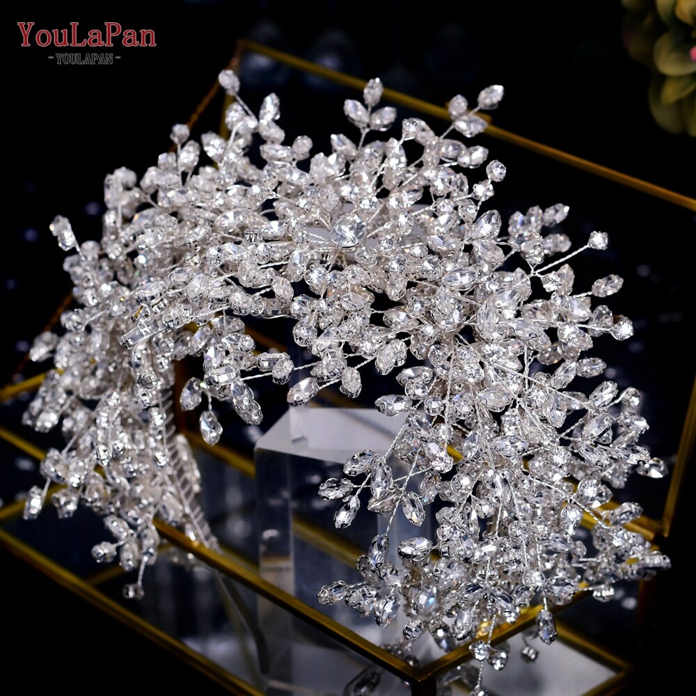 YouLaPan HP304 Luxuriöse Strass Stirnband Silber Hochzeit Kopfschmuck Bling Braut Diademe und Kronen Kristall Braut Headwear: HP385-Silber-