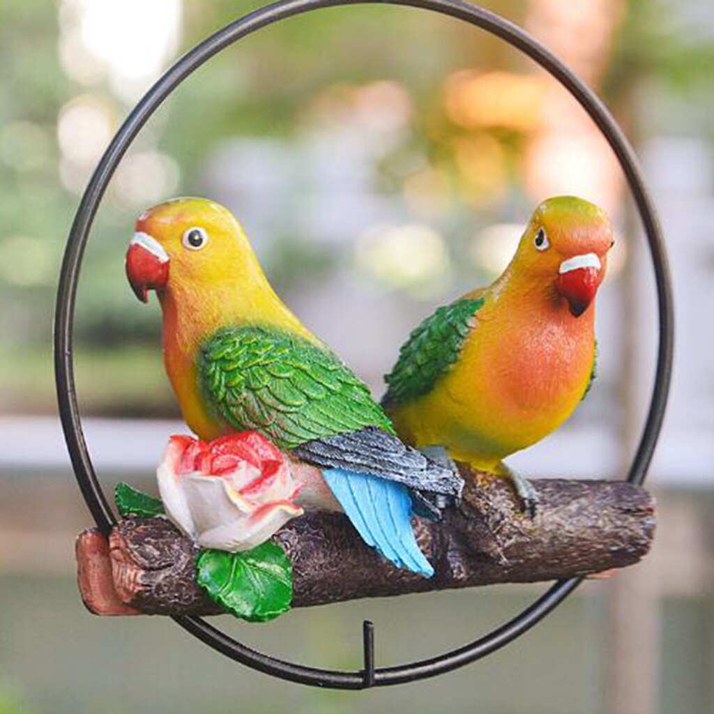 Resin Lifelike Parrot Statue Perch on Metal Ring Birds Model Lawn Ornament