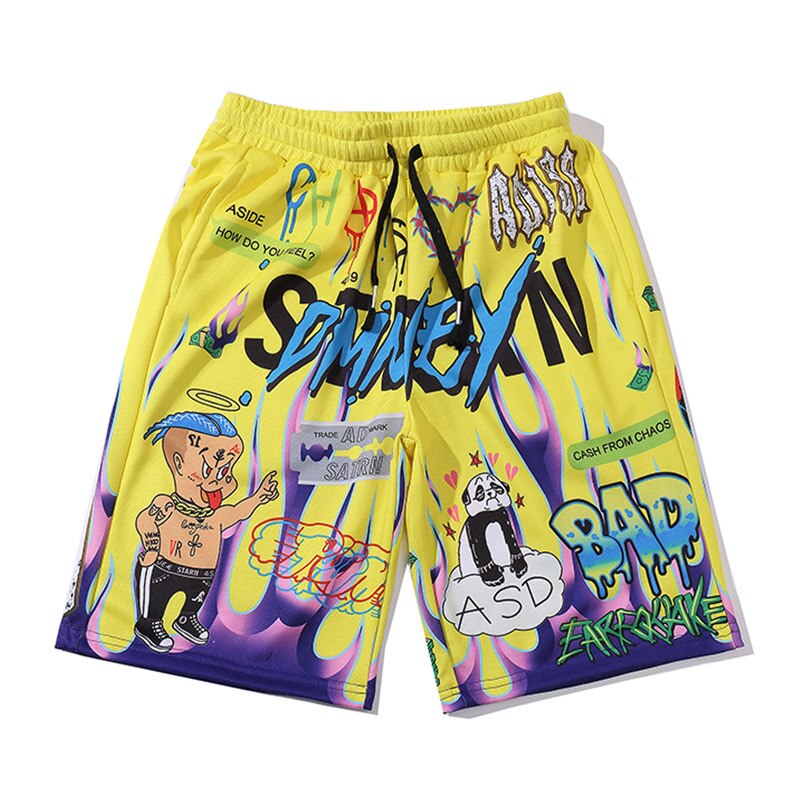 Aolamegs Shorts hommes dessin animé flamme Graffiti imprimer plage genou longueur Shorts Hip Hop Bermuda Style taille élastique haute rue été: Yellow / M