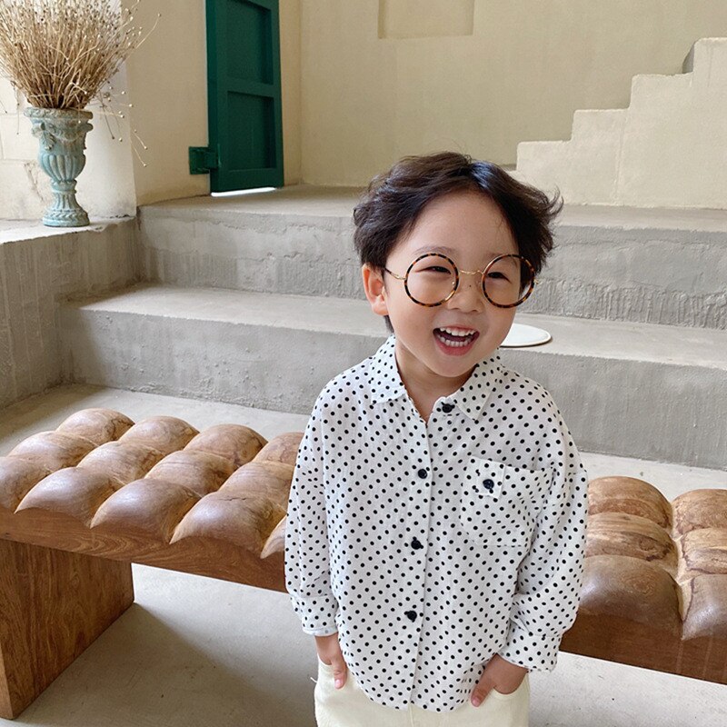 Boys Korean Style Cotton Dot Long Sleeve Shirts Spring and Autumn Lapel Collar Baby Boys soft all-match casual shirt