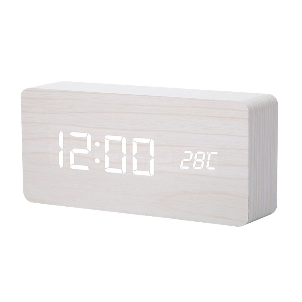 Digital Alarm Clock Wooden Watch Table Voice Control Electronic Desktop Clocks Thermometer Adjustable Brightness: White 02