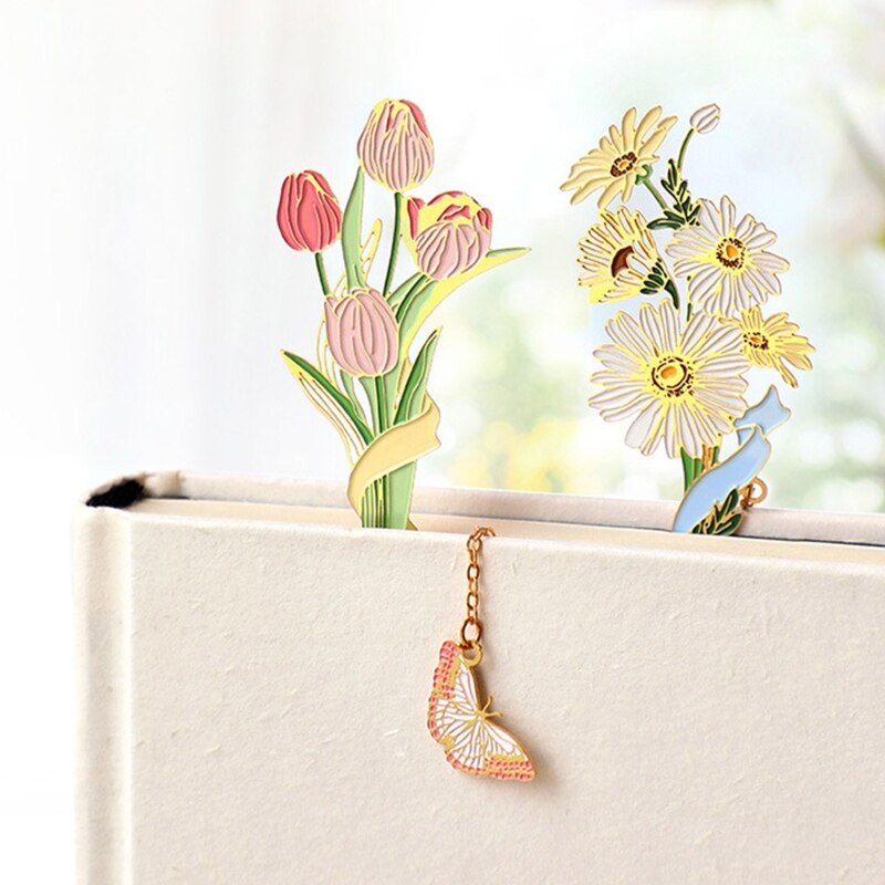 Marcapáginas de flores de tulipán y lirio de cereza de Metal con cadena colgante, divisor de página de libro para amante de libros, de Acción de Gracias de cumpleaños para niña