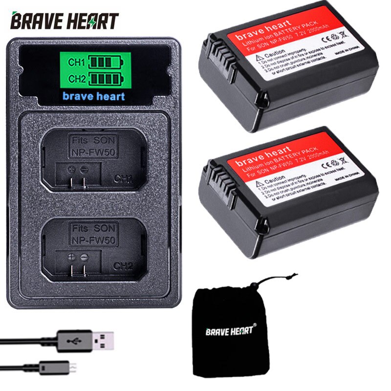 Brave heart-batería 4x NP-FW50 NP FW50 NPFW50, para Sony NEX 5T 5R 5TL 5N 5C 5CK A7R A7 F3 3N 3CA55 A37 A5000: charger and 2battery