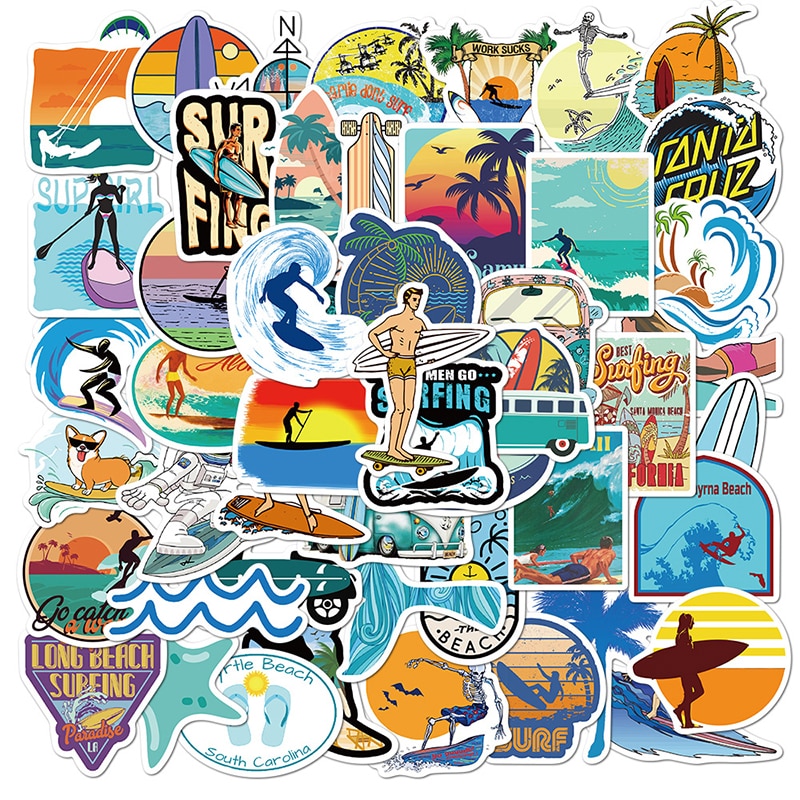 50PCS Outdoor Surfing Stickers Summer Tropical Beach Surfing Stickers For Surfboard Luggage Water Bottle Wall Laptop Sticker