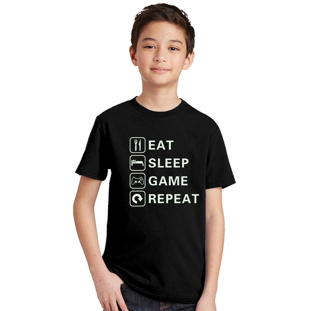 Kids Boy Eat Sleep Game Repeat Print Luminous T Shirt Children Summer Short Sleeve Noctilucent Tops Boy Casual Funny T-shirt