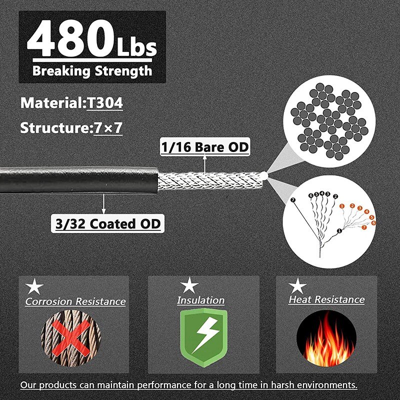 String Light Hanging Kit,196Ft PVC Coated Stainless Steel304 Wire Rope,String Lights Suspension Kit Included Accessories