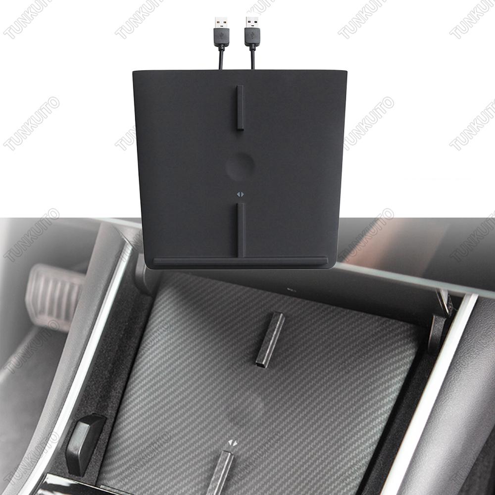 Car Wireless Charger For Tesla Model 3 Dual-Port USB Fast Charging Center Console Storage Intelligent Qi Dual Phones Carbon ABS