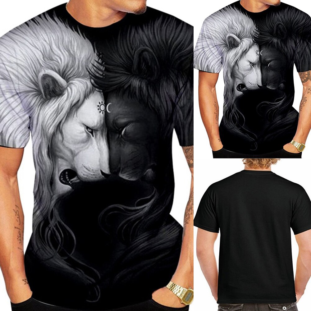 Men Summer Black White Funny Lion 3D Printed Shape Short Sleeve Round Neck Leisure T-Shirt Tee Top