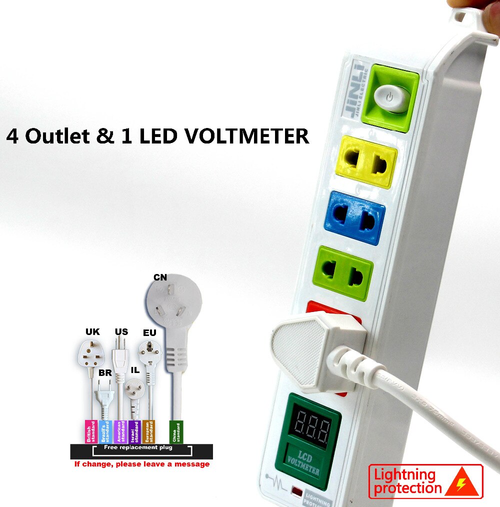 AU EU UK US 4 Outlet voltmeter socket with Lightning protection system