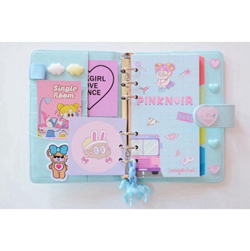 Mignon Kawaii A6 cahier Macaron cuir bricolage feuilles mobiles Journal Journal spirale temps planificateur Agenda organisateur papeterie: Blue
