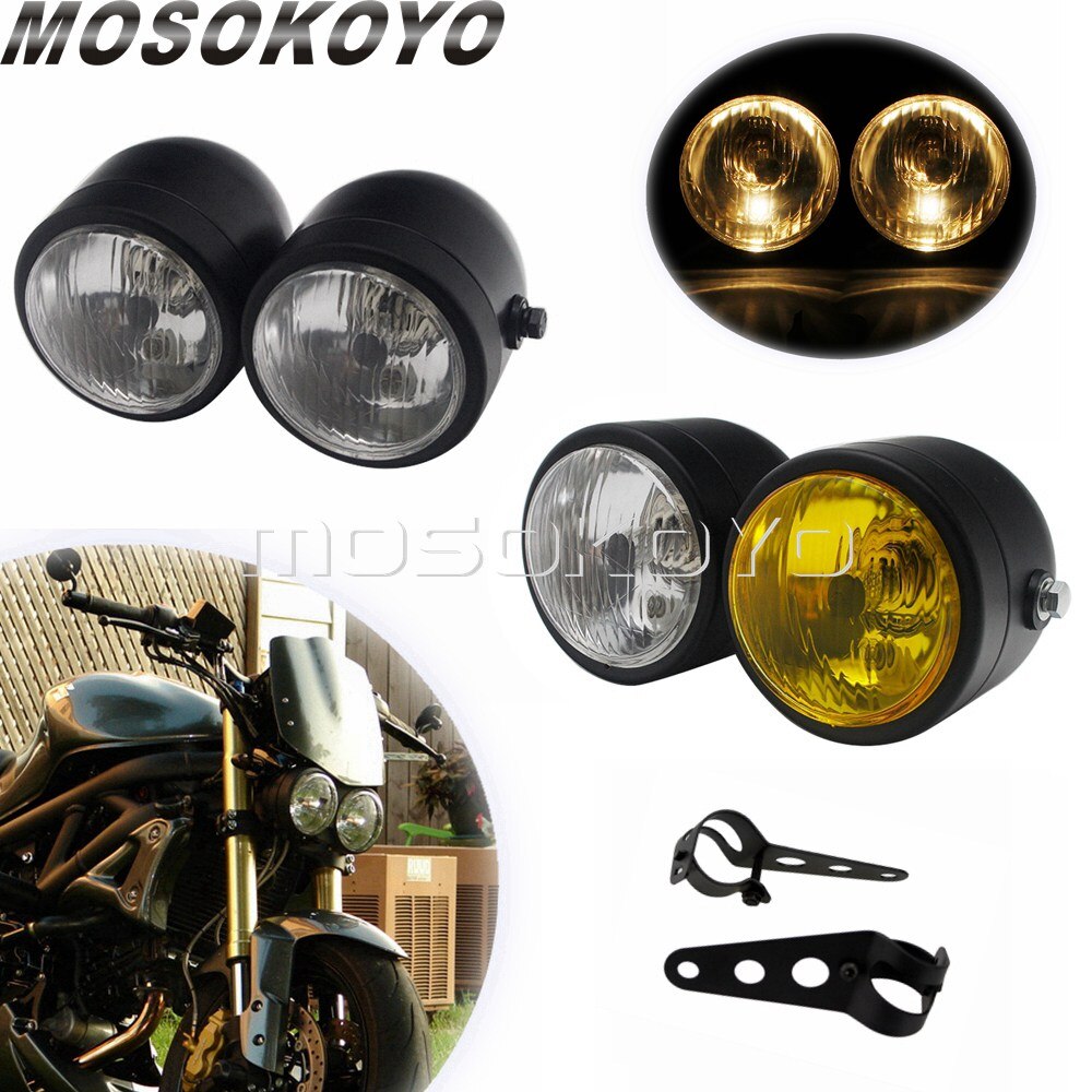 Motorcycle Twin Round Dominator Headlight 3.5" Double Dual Lamp Front Headlamp for Harley Cafe Racer Old School Chopper Bobber