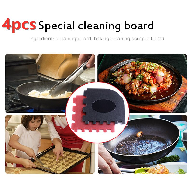 4pcs Plastic Grill Pan Scrapers Cleaner Black Tool Durable Set For Cast Iron Integrated Scraper Plate Special Cleaning Board