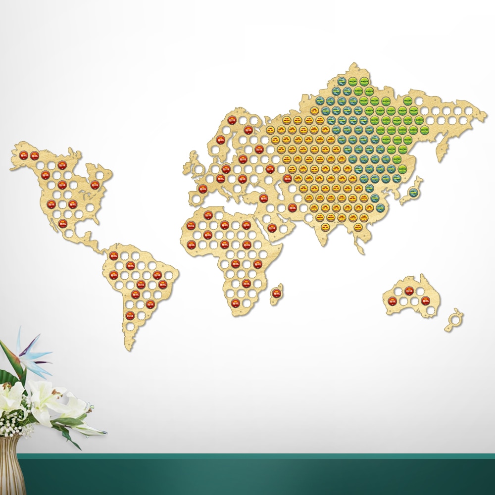 World Map Bottle Beer Cap Map Wooden Craft Wall Art Decorative Cap Collector World Map For Beer Lover