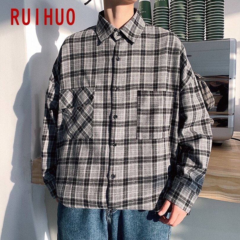 Ruihuo plaid mænd casual skjorter til mænd stor størrelse langærmet skjorte herre tøj slim fit m -2xl: Sort hvid plaid / M