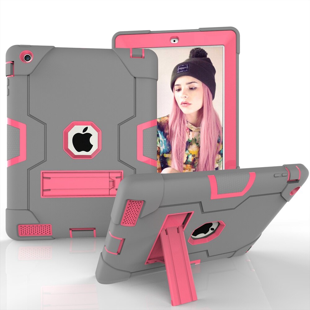 For Apple iPad 2 3 4 A1458 A1459 A1460 A1416 A1397 Case Shockproof Kids Safe PC Silicon Hybrid Stand Full Body Tablet Cover: Grey - Rose Red