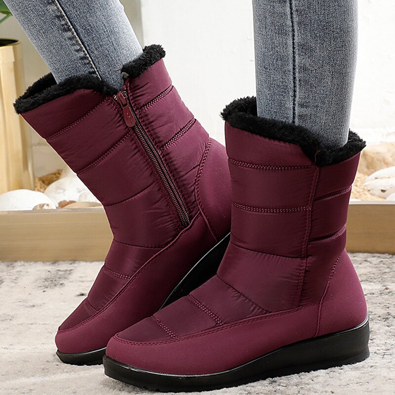 Waterdichte Laarzen Vrouwen Winter Snowboots Warm Pluche Fur Enkellaarsjes Casual Dames Wig Schoenen Voor Vrouwen Zip Bota Feminina