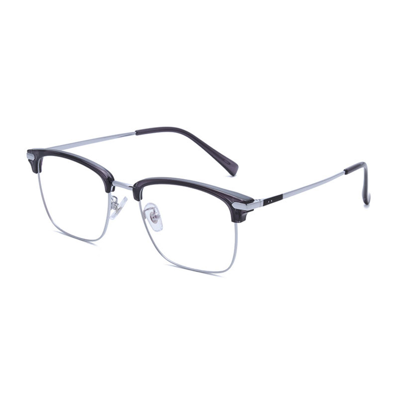 Gafas con montura de titanio puro para hombre, lentes con borde completo, bisagras de primavera, gafas de visión corta, gafas rectangulares: Gray Silver