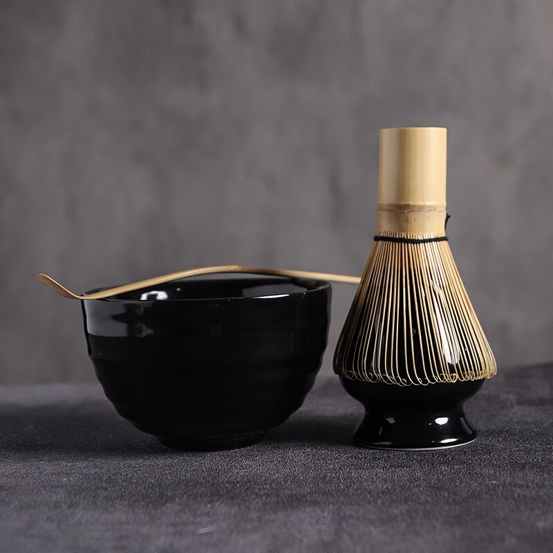 Buucup 4 stk/sett tradisjonell matcha naturlig bambus matcha visp skål keramisk matcha bolle visp holder gaver te: Svart