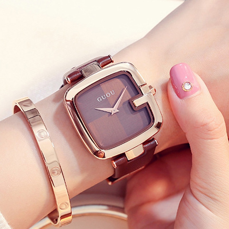 GUOU Women's Watches Square zegarek damski Luxury Ladies Bracelet Watches For Women Leather Strap Clock Saati