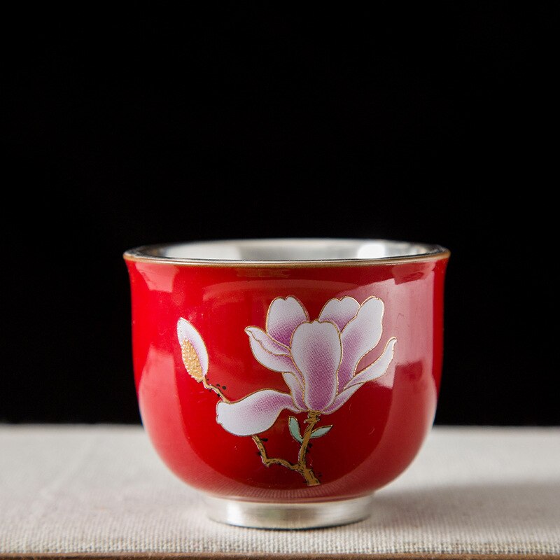 Taza de té dorada de plata 999, vaso Maestro de cerámica, flor a la parrilla, lámina dorada, taza de té Kung Fu: A