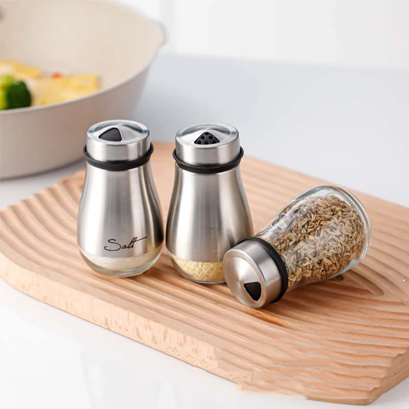 Salt and Pepper Seasoning Shaker Stainless Steel Glass Bottom Spice Dispenser Pepper Shaker BBQ Set Kitchen Gadgets