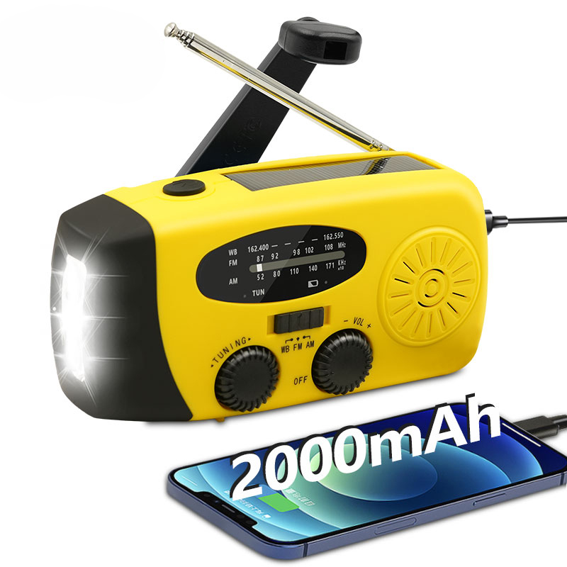 Radio portátil de emergencia, manivela Solar de 2000mAh, cargador de teléfono móvil, Radio AM/FM, linterna LED, luz nocturna para interiores y exteriores: Plata