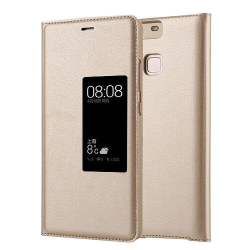 Luxury PU Leather Flip Case For Huawei P9 Plus Original Style View Window Cover for P8 Business Mobile Phone Smart Flip Case: For HUAWEI P9 / golden