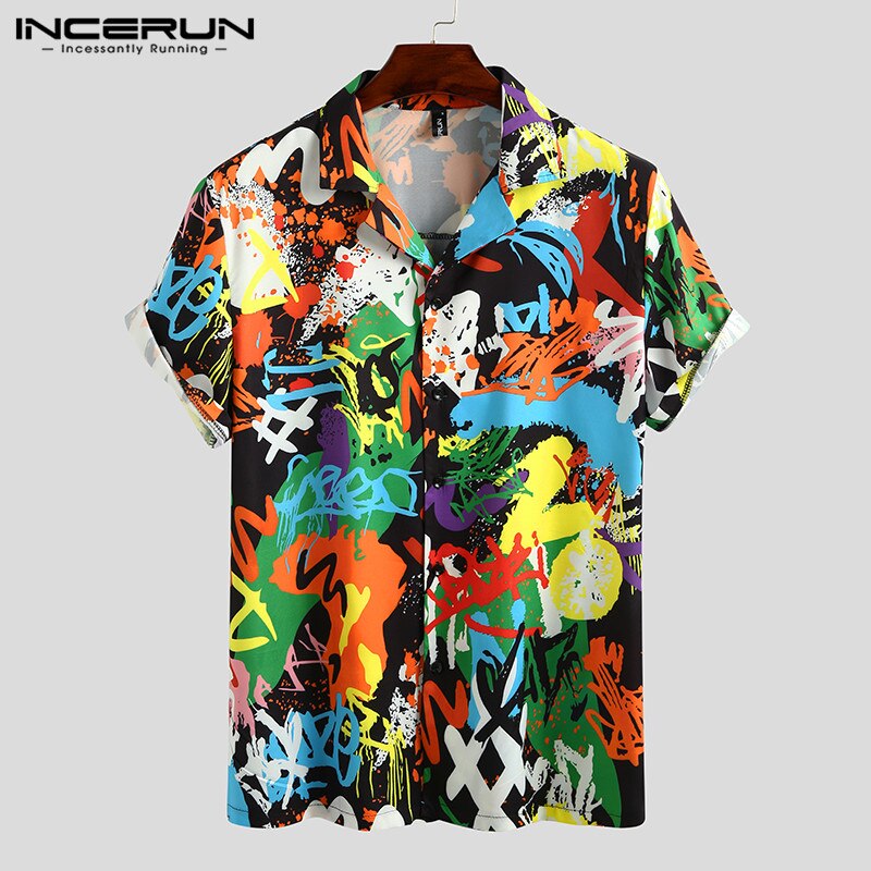 Incerun sommer skjorter med print til mænd kortærmede løs reversskjorte afslappet åndbar camisa mænd hawaiianske skjorter s -3xl