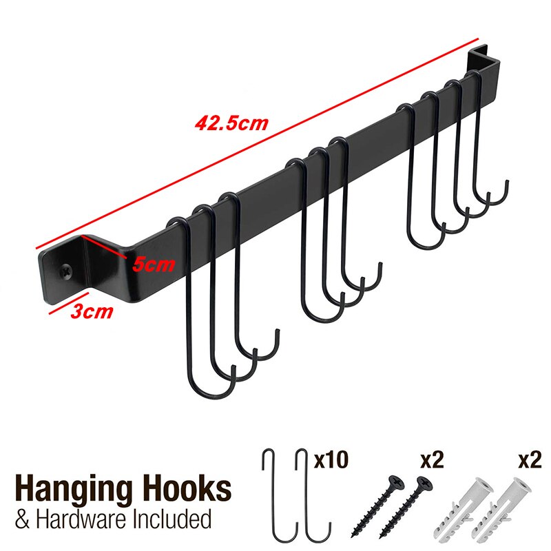 Kitchen Pot Pan Hanger Wall Mounted Rail Rack with 10 Hooks Utensil Cookware Shelf Farmhouse Style Black