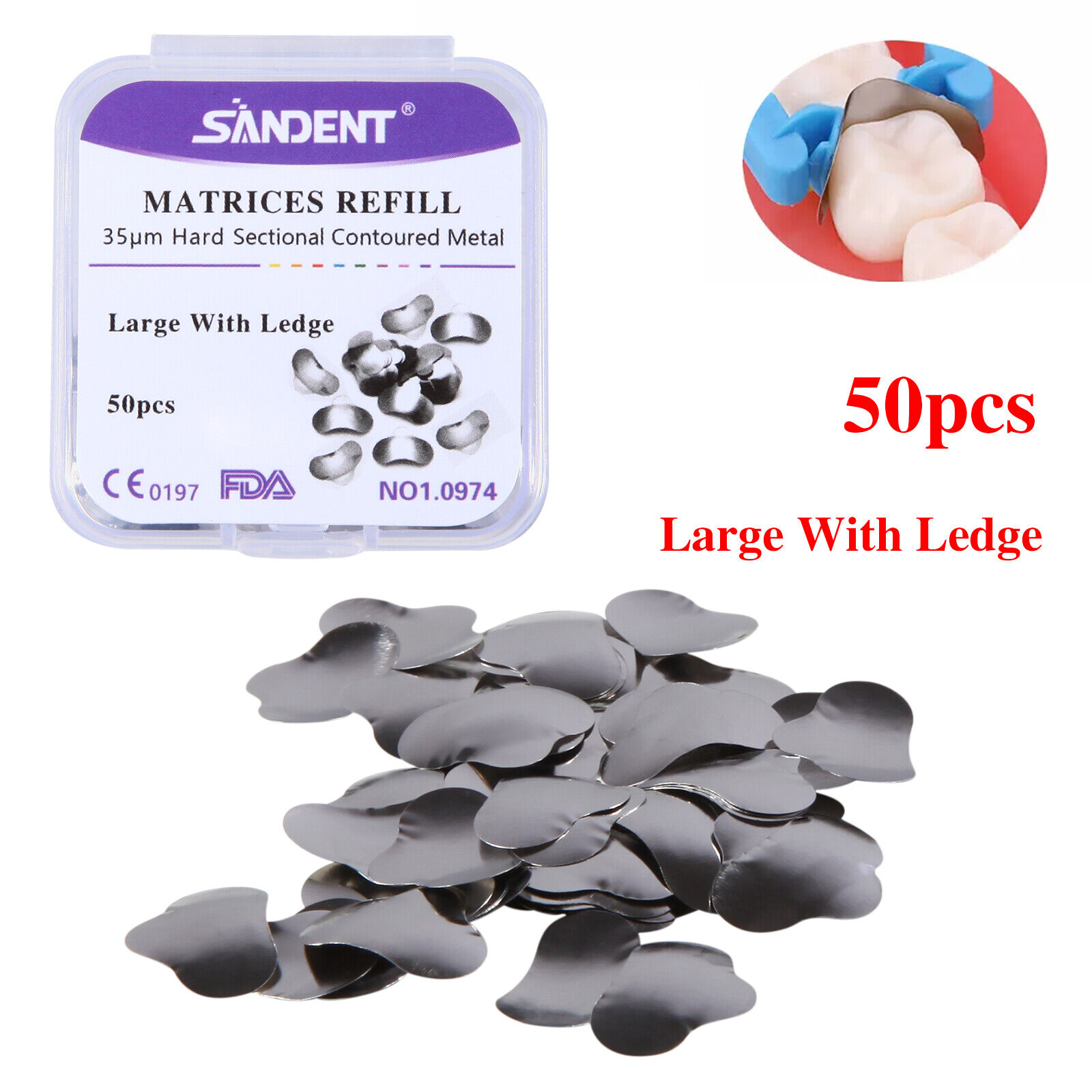 50PCS Dental Metal Matrices Matrix Band/With Ledge Sectional Contoured Refill Box S/M/L: FireBrick