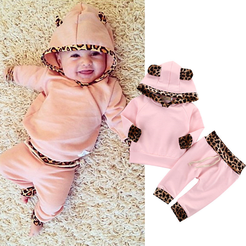 Søde lyserøde baby piger tøj nyfødte spædbarn bebek hætteklædte sweatshirt toppe + bukser leopard 2 stk outfits træningsdragt børn tøj sæt
