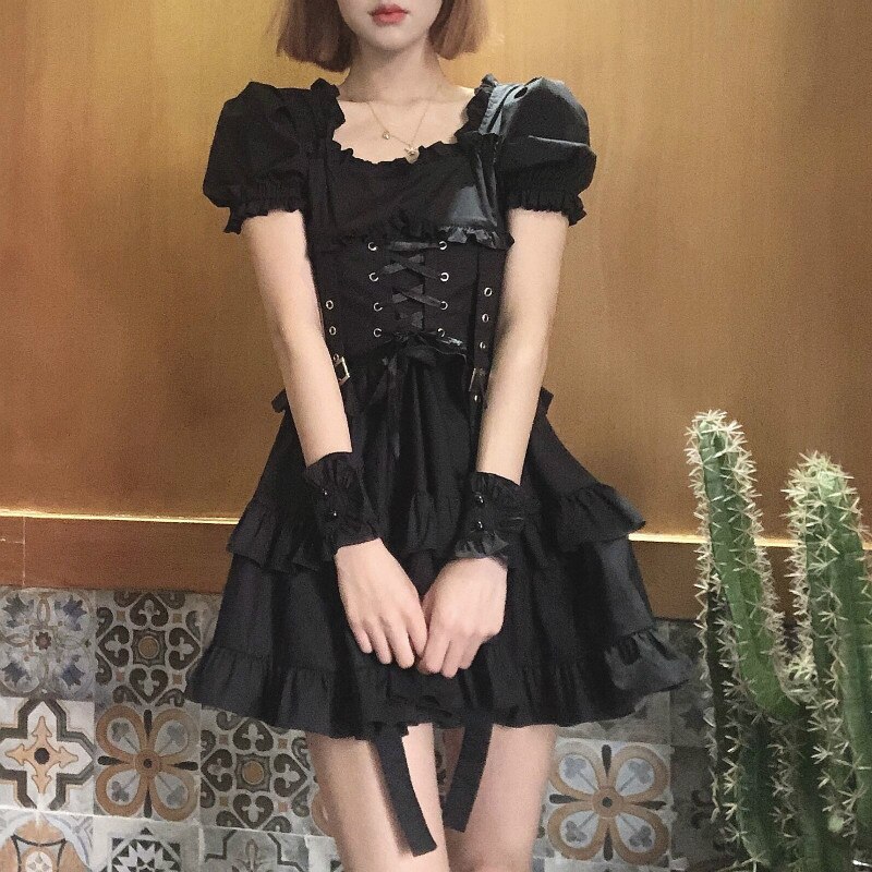 Vestido negro gótico de Lolita para mujer, prenda estilo Lolita, Victoriano, renacentista, Retro, Punk, manga abombada