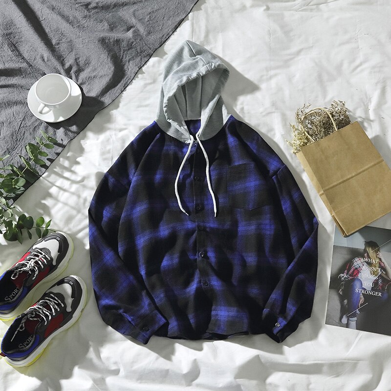 Skjorte herre tøj retro plus size herre skjorter lange ærmer plaid koreansk stil harajuku enkeltradet: Blå / Xxl