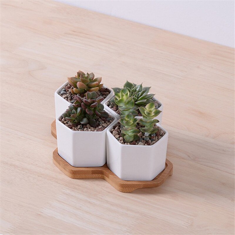 4 stuks zeshoekige bloempotten, witte keramische vetplantenpot met bamboestandaard, kleine bonsaipotten, groene plantenbakken, woondecoratie