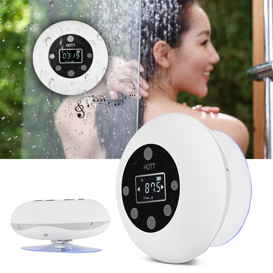 Mini Bluetooth Wireless Waterproof Shower Speaker with Suction Cup Time Digital Display FM Radio Mic Handsfree Steore Output