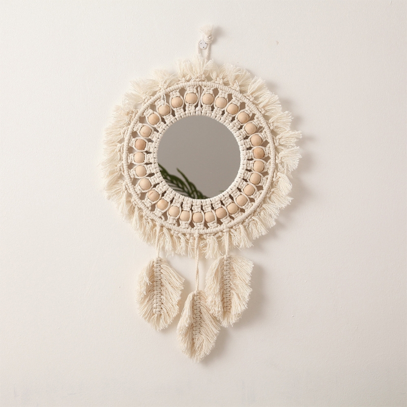 Woven Wall Hanging Mirror Boho Macrame Leaf Pendant Art Decoration for Apartment Living Room Bedroom Bathroom Baby Nursery