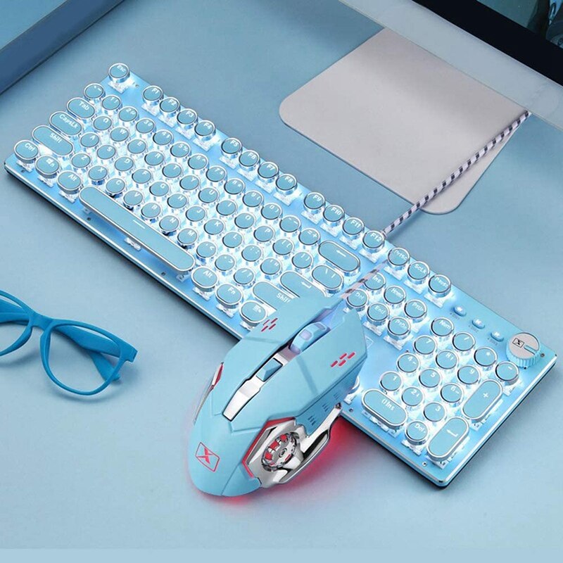 Mechanical Gaming Keyboard and Mouse Combo, 104-Key Wired USB Metal Panel Round Keycaps Laptop Keyboard Suitable: Blue