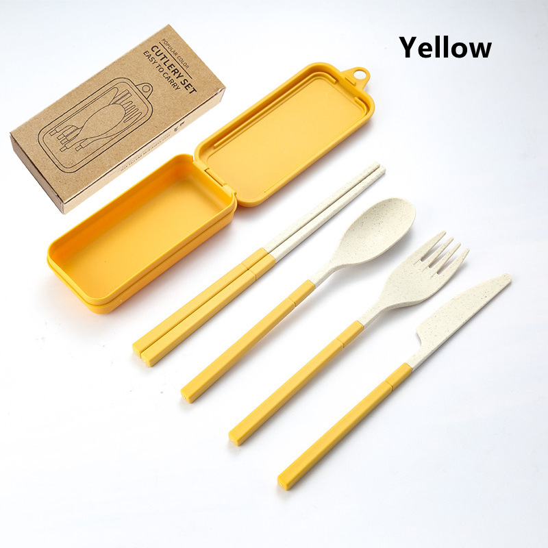 4PCS Wheat Straw Dinnerware Set Portable Tableware Knife Fork Spoon Chopsticks Set Travel Cutlery Set Eco-Friendly Utensil Box: Yellow